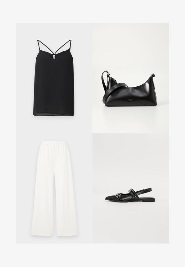 Top sans manches noir avec un col en V, doté de fines bretelles entrecroisées au dos. Matière légère et douce avec une silhouette fluide.; Pantalons larges en tissu blanc léger et doux. Dotés d'une taille élastique pour le confort et d'une texture lisse sans motifs visibles.; Even&Odd by Zalando Ballerines à brides arrière - black; Sac à main en cuir noir avec une texture lisse. Dispose d'une bandoulière adjustable et d'un design élégant et minimaliste avec une fermeture éclair.