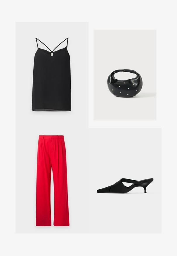 Top sans manches noir avec un col en V, doté de fines bretelles entrecroisées au dos. Matière légère et douce avec une silhouette fluide.; Pantalons larges rouges en tissu doux, avec des plis sur le devant, une taille plate et une texture lisse. Pas de poches visibles ni de motifs.; Mule noire à bout pointu avec un petit talon kitten et des larges brides superposées sur le dessus du pied.; Sac à main en cuir noir de forme arrondie, décoré de clous argentés et équipé d'une poignée courte. Texture lisse et fermeture éclair.
