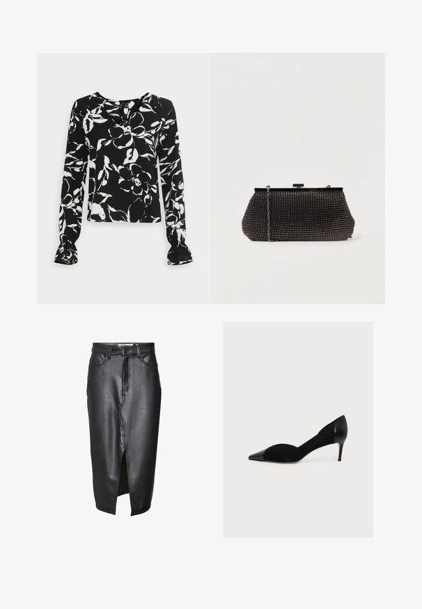 Vero Moda Tall VMPOLLIANA INGE V NECK - Bluse - black/polliana; Sorte lædernederdel med en mellemlang design, der har en frontslids, klassiske bæltesløjfer og syede detaljer langs sømmene.; Sort stilet med spids tå, mat overflade på skoen og blank tåkappe, vist fra siden på hvid baggrund.; Sort mesh clutch-taske med en struktureret silhuet, prydet med små metalstuds, har en låsemekanisme og en aftagelig kæderekke.
