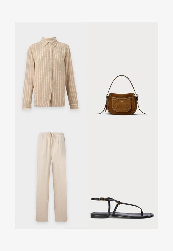 Camisa beige de manga larga con botones, con rayas verticales blancas y cuello puntiagudo.; Pantalones beige claros de corte suelto con cintura elástica y cordón, piernas rectas, hechos de tela ligera.; Sandalia plana negra con un diseño minimalista. Presenta tiras delgadas, un separador de dedos, acentos de hardware dorado y una suela suave y texturizada.; Bolso de hombro de ante marrón con forma curva, costuras en contraste, detalles en hardware dorado y un bolsillo delantero con cremallera.