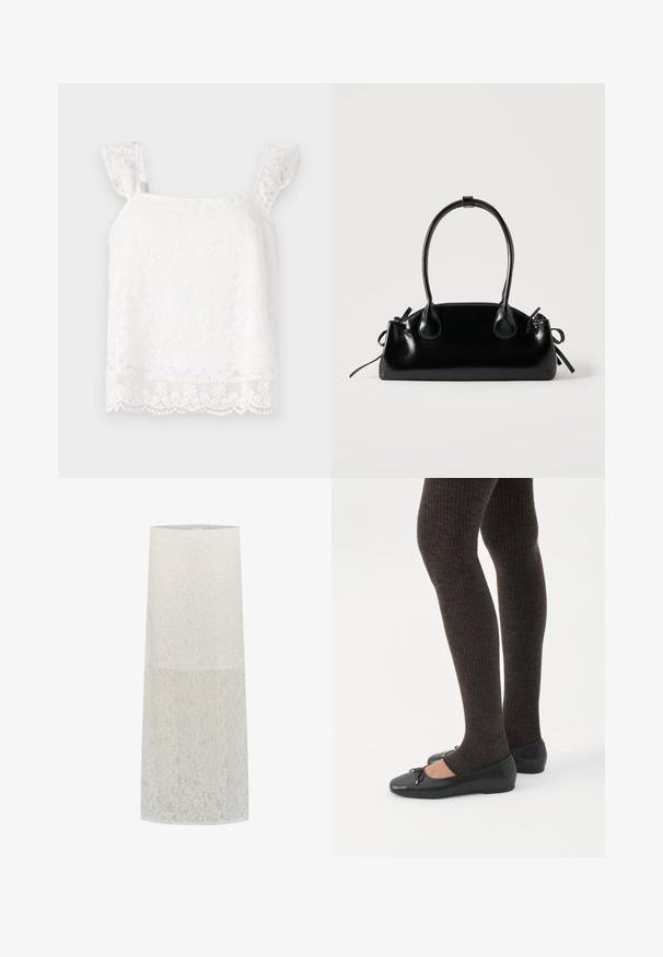 Haut en dentelle florale blanche avec des bretelles froncées. Présente des motifs délicats et un ourlet festonné pour plus de texture. Matière légère.; Abat-jour en dentelle blanc, de forme cylindrique avec un motif floral, texture transparente, et bord supérieur lisse. S'adapte à un support d'ampoule standard.; Jambes portant des leggings côtelés foncés associés à des ballerines noires avec de petits détails en nœud sur fond blanc.; Petit sac à main noir brillant avec deux longues anses et des détails à cordon sur les côtés sur un fond clair uni.
