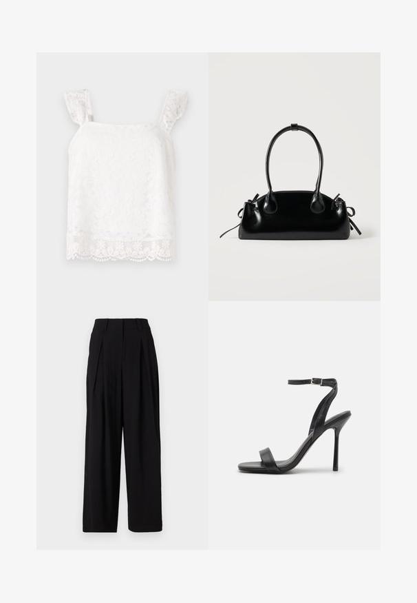 Blusa blanca de encaje floral con tirantes de hombro con volantes. Presenta patrones delicados y un dobladillo con forma de ola para mayor textura. Material ligero.; Pantalones de pierna ancha negros, hechos de una tela suave, con una cinturilla alta, pliegues en la parte delantera y una silueta fluida.; Sandalia negra de tacón alto con una correa delgada en el tobillo y dos bandas en la parte frontal. Hecha de cuero suave con una punta afilada y tacón de aguja.; Pequeño bolso negro brillante con dos asas largas y detalles de cordón lateral sobre un fondo claro liso.