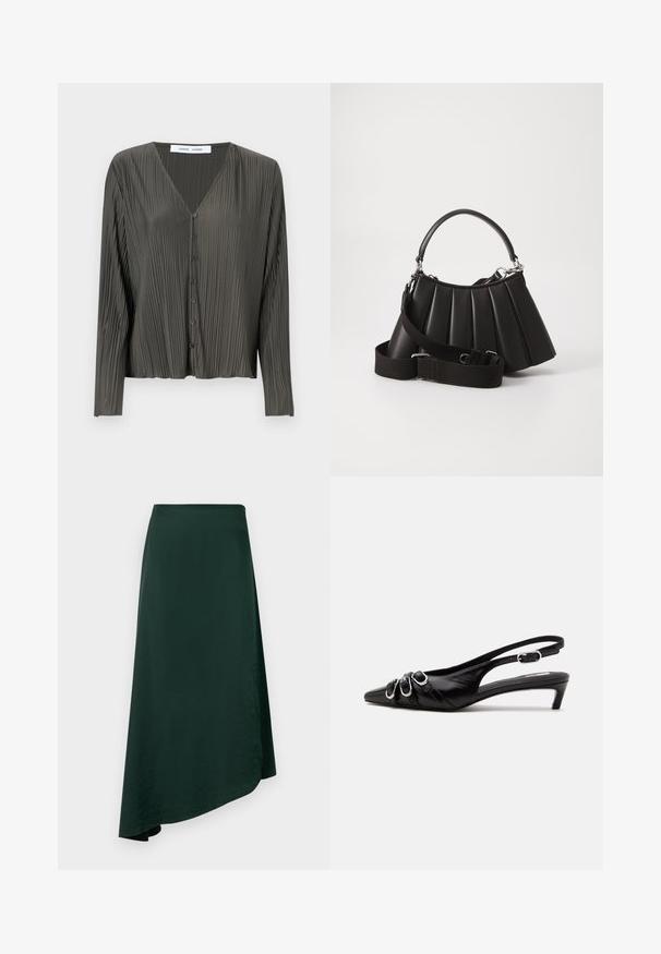 Mørkegrøn, langærmet skjorte med knapper og V-hals, plisseret struktur og sorte knapper. Stoffet ser glat og let ud.; Mørkegrøn omslagsnederdel lavet af glat stof, med en asymmetrisk nederkant og et sømløst taljebånd for et rent design.; Sort læder slingback sko med spids tå, tre sølvspænder på forsiden og lav lille hæl på hvid baggrund.; Sort plisseret handbag med et rundet håndtag, justerbar rem og blank overflade. Har sølvfarvet hardware og en struktureret silhuet.