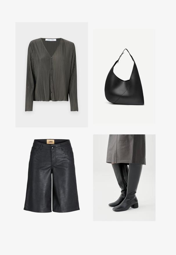 Mørkegrøn, langærmet skjorte med knapper og V-hals, plisseret struktur og sorte knapper. Stoffet ser glat og let ud.; Sorte knælange shorts i imiteret læder med frontknap, bæltestropper og JJXX-mærke på den indvendige talje.; Knæhøje sorte læderstøvler med firkantet tå, skråt stillet blokhæl og en sidesyning; glat tekstur og tætsiddende design.; Sort læder skuldertaske med buet trekantet form, enkelt justerbart rem og synlig diagonal søm foran.