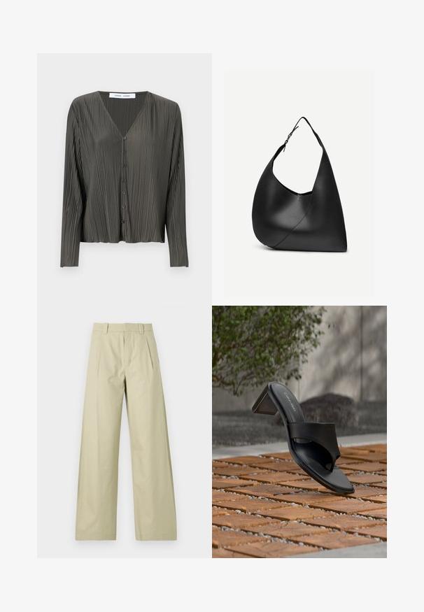 Mørkegrøn, langærmet skjorte med knapper og V-hals, plisseret struktur og sorte knapper. Stoffet ser glat og let ud.; Bredde benbukser i lys beige bomuld, med flad front og plisseringer, bæltestropper og opsmøgede sømme. Glat tekstur og afslappet design.; Sort Calvin Klein hælet sandal med tå-loop på trægulv udendørs nær et træ og en stenmur.; Sort læder skuldertaske med buet trekantet form, enkelt justerbart rem og synlig diagonal søm foran.