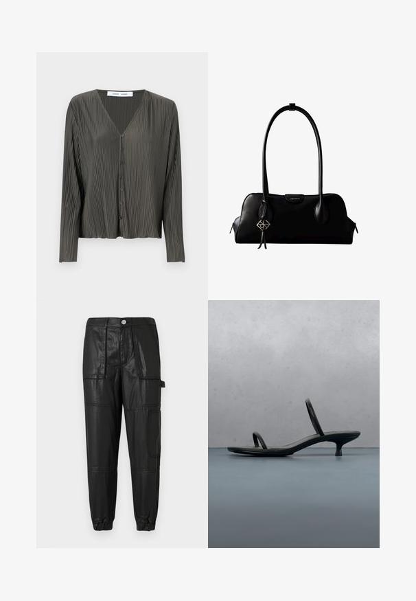 Mørkegrøn, langærmet skjorte med knapper og V-hals, plisseret struktur og sorte knapper. Stoffet ser glat og let ud.; Sorte læderbukser med elastisk talje, snævre manchetter og flere lommer. Stoffet har en let blank finish.; Sort Calvin Klein sandal med hæl og tynde stropper, balancerende på træfliser udendørs nær en væg og grønne planter.; Sort lædertaske fra Calvin Klein med lang skulderrem, lynlåse på siderne og en dekorativ vedhæng, der hænger fra den ene rem.