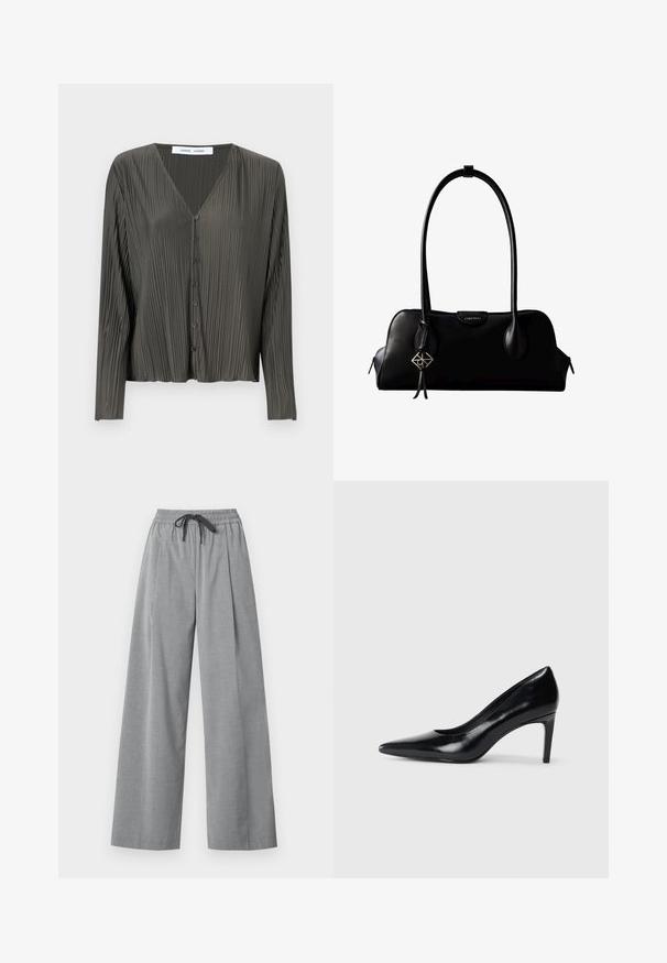 Chemise boutonnée à manches longues de couleur vert foncé avec un col en V, texture plissée et boutons noirs. Le tissu semble lisse et léger.; Pantalon gris clair à jambes larges avec taille élastique et cordon noir, fabriqué en tissu lisse, présenté sur fond blanc.; Chaussure à talon haut en cuir noir avec un bout pointu, texture lisse et un talon effilé. Design minimaliste, sans embellissements supplémentaires.; Sac à main en cuir noir Calvin Klein avec de longues anses, une étiquette logo à l'avant et un charme géométrique argenté suspendu à une anse.