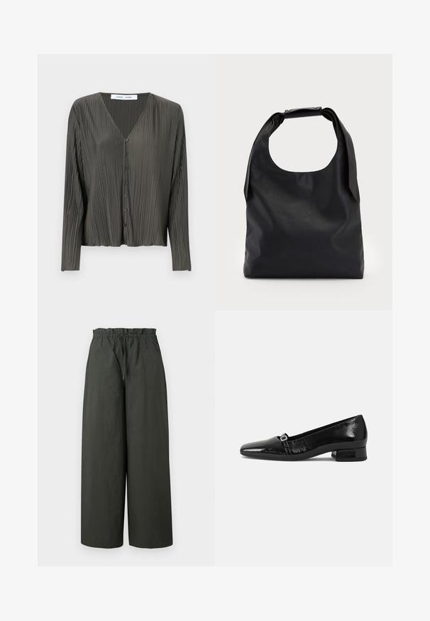 Camisa de botón de manga larga de color verde oscuro, con escote en V, textura plisada y botones negros. La tela parece suave y ligera.; Pantalones de pierna ancha en tejido verde oscuro, con una cintura elástica y una textura suave, sin herrajes visibles ni patrones.; Bailarinas de charol negro con punta afilada, tacón cuadrado bajo y un pequeño detalle de hebilla metálica en la correa. Textura suave.; Bolso de mano de cuero negro con una gran abertura superior y una sola correa para el hombro. Textura suave, diseño minimalista, con detalles sutiles de herrajes.