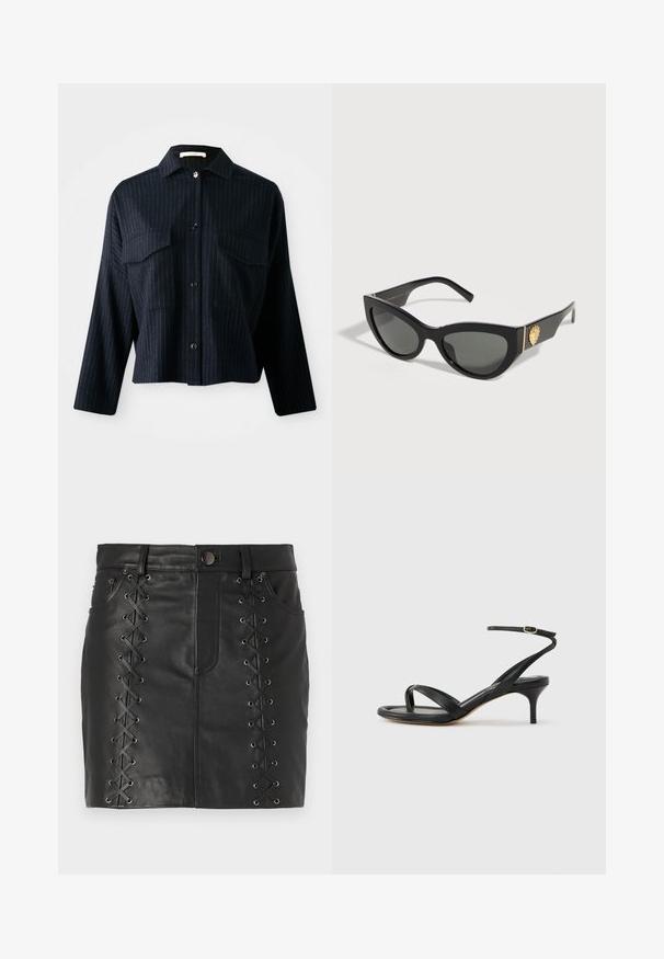 Chemise en coton bleu marine avec des rayures blanches verticales, manches longues, fermeture à boutons, deux poches poitrine et un col. Texture lisse.; Mini-jupe en cuir noir avec un laçage sur les côtés agrémenté d'œillets en métal, design à cinq poches et silhouette ajustée.; Sandale pour femme en cuir noir avec fines lanières, une boucle d'orteil, une boucle à la cheville et un talon aiguille de hauteur moyenne sur un fond neutre.; Lunettes de soleil noires forme œil de chat avec verres foncés et un emblème doré de lion sur les branches sur fond blanc.