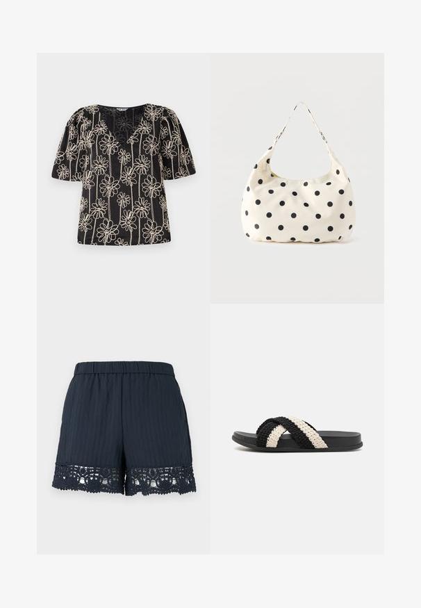 Sort top med pufærmer, V-hals og beige blomsterbroderi. Blomsterprintet er jævnt fordelt over stoffet.; Marineblå dame-shorts med elastisk talje og blomstret blondekant langs kanten mod en lys, ensfarvet baggrund.; Sort og creme vævet slide sandal med en flad gummisål, der har to krydsede fletsandaler lavet af blødt, tekstureret materiale.; Håndtaske i cremefarvet stof med sorte polkaprikker og en enkelt skulderrem, vist mod en ensfarvet hvid baggrund.