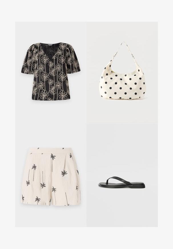 Top negro con mangas abullonadas, cuello en V y bordado de flores beige. El patrón floral está distribuido de manera uniforme por toda la tela.; Pantalones cortos de un beige claro con patrón de palmeras negras, que cuentan con pliegues en la parte frontal y una textura de tela suave y ligera.; Chancla negra de piel suave, con un diseño de tira delgada y una suela plana de perfil mínimo. Sin patrones ni acentos notables.; Bolso de tela color crema con lunares negros y una sola correa para el hombro, presentado sobre un fondo blanco liso.