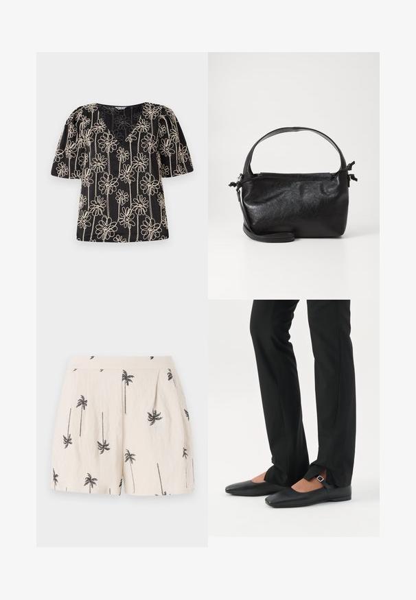 Zwart top met opbollende mouwen, een V-hals en beige bloemenborduring. Het bloemmotief is gelijkmatig over de stof verdeeld.; Lichtbeige shorts met zwart palmbomenpatroon, met plooien aan de voorkant en een gladde, lichtgewicht stofstructuur.; Benen met zwarte smalle broek met voorsplitten aan de zoom, gecombineerd met zwarte platte Mary Jane-schoenen met een klein gespje.; Zwarte leren handtas met een gestructureerd ontwerp, een ronde bovenhandgreep en een afneembare schouderriem. Beschikt over een gladde textuur en een subtiele glans.