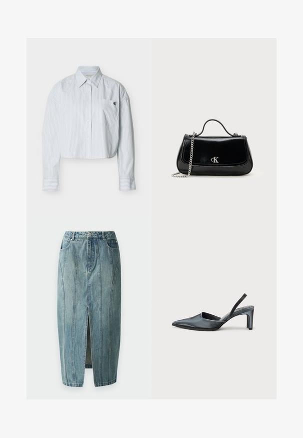 Kort skjorte med knapper i lyseblå med lodrette hvide striber, med brystlomme og en lille logo på venstre side.; Copenhagen Muse JEANNE SKIRT - Denimnederdele - medium dirty washed denim; Sort slingback-hæl med spids tå, slank satinfinish og en slank hæl på 3 tommer. Åben sidedesign med minimal syningsdetalje.; Sort læderhåndtaske med en kædestrop, struktureret form og et sølvlogo. Glat overflade med flaplukning.