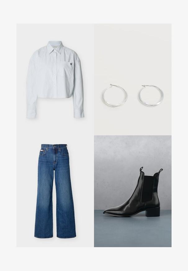 Kort skjorte med knapper i lyseblå med lodrette hvide striber, med brystlomme og en lille logo på venstre side.; Blå vidbenede denimjeans med højtaljede, forknapper, lynlås og fem-lomme-design mod en ensfarvet baggrund.; Sort læder Chelsea boot med spids tå, elastiske sidepaneler og en kraftig hæl, hvilende over en overflade med sten- og trædesign.; Sølvfarvede metaloorringe med glat, let buet overflade og låsemekanisme på en ensfarvet hvid baggrund.
