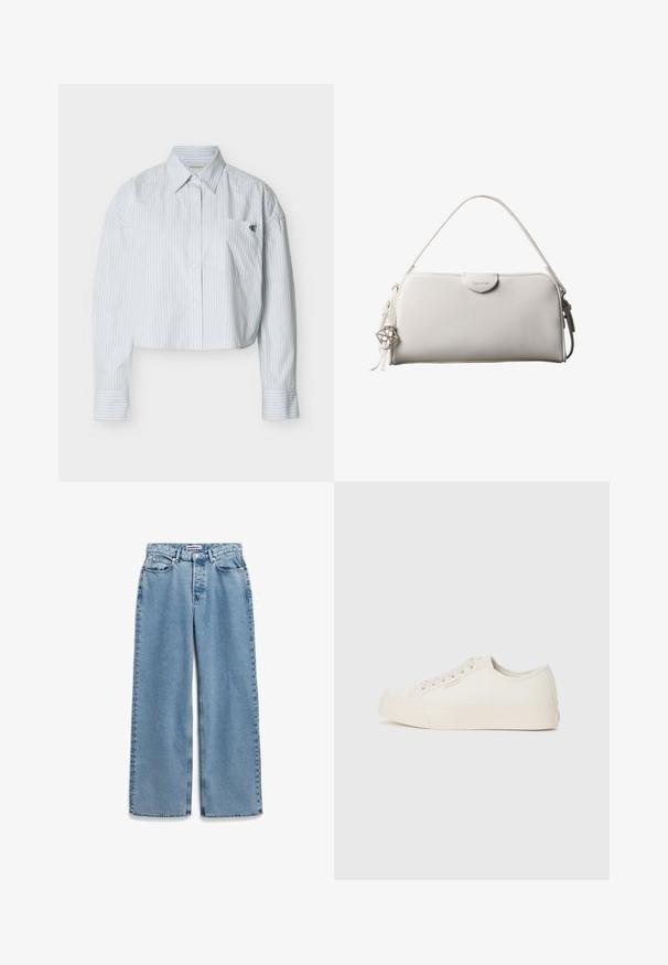 Korte blouse in lichtblauw met verticale witte strepen, voorzien van een borstzak en een klein logo aan de linkerkant.; Lichtblauwe spijkerbroek met een wijde pijp, knopen en ritssluiting aan de voorkant, en een vijfzakkenmodel.; Sneakers van off-white canvas, met een laag ontwerp, ronde neus en platte rubberen zool met subtiele stiksels.; Witte rechthoekige Calvin Klein handtas met enkele handgreep, minimalistisch ontwerp en decoratieve kwastjes met geometrische metalen hanger aan de zijkant.