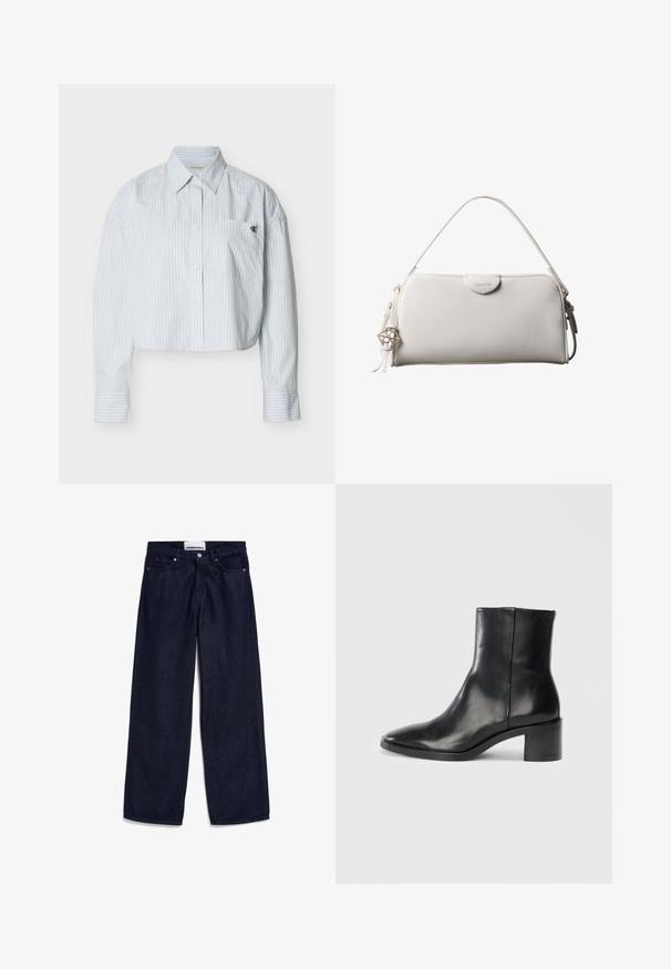 Korte blouse in lichtblauw met verticale witte strepen, voorzien van een borstzak en een klein logo aan de linkerkant.; Donkerblauwe denim wijde broek met een klassieke vijf-pocket stijl, afgewerkt met een metalen knop en rits. Stevige stof en rechte zoom.; Zwarte leren enkellaars met een puntige neus, lage blokhak en subtiele reliëflogo. Gladde textuur met een strak ontwerp en minimale stiksels.; Witte rechthoekige Calvin Klein handtas met enkele handgreep, minimalistisch ontwerp en decoratieve kwastjes met geometrische metalen hanger aan de zijkant.