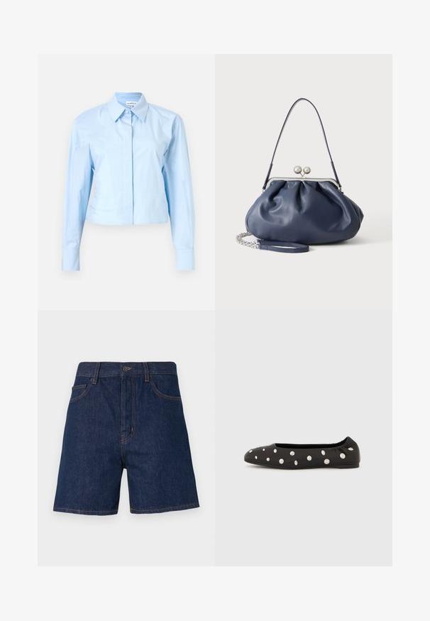 Lyseblå cropped langærmet skjorte med knapkrave, lavet af glat stof. Har en frontplacket og strukturerede manchetter.; Mørkeblå denimshorts med et klassisk fem-lomme-design, synlig orange syning og en knaplukning i taljen.; Sort ballerinasko med elastisk bag på skaftet og spredte store sølvfarvede runde nitter på overdelen, vist i profil mod en hvid baggrund.; Blød navyblå læderhåndtaske med sølv lukning, enkelt skulderrem og aftagelig kæde til håndleddet på hvid baggrund.