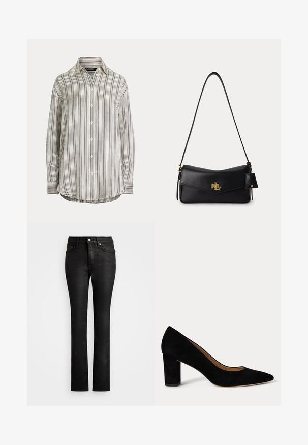 Button-up skjorte i let stof med lodrette sort-hvide striber, spids krave, lange ærmer og en afrundet kant.; Sorte denim jeans med lige ben-design, der har en klassisk fem-lomme stil og en frontknaplukning. Glat tekstur.; Damskoledressko i sort ruskind med lav blokhæl, spids tå og beige indvendig for på hvid baggrund.; Sort læder skuldertaske med guld RLL-logo, kuvertklap og tynd lang rem mod en ensfarvet lys baggrund.