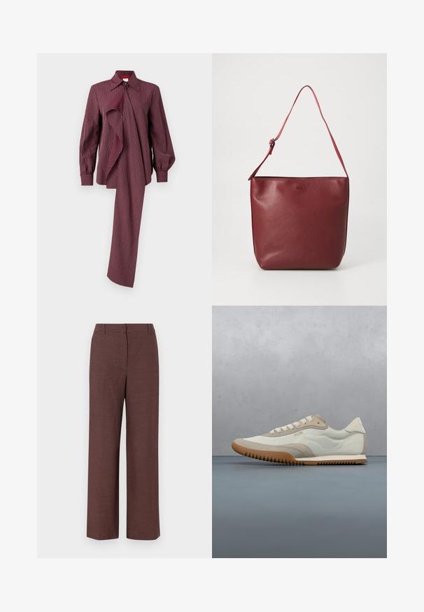 Chemise rayée bordeaux à manches longues, avec un détail drapé à l'avant et un col classique. Texture lisse et coupe ajustée.; Pantalons larges marron en tissu texturé avec une finition lisse, présentant un devant plat, des passants de ceinture et des poches latérales.; Sneakers blancs et beiges avec une tige lisse et des accents en daim, une semelle texturée et des coutures ton sur ton. Fermeture à lacets avec détail de logo.; Sac à main en cuir rouge avec une texture lisse, de forme rectangulaire et une bandoulière ajustable. Présente un logo embossé sur le devant.