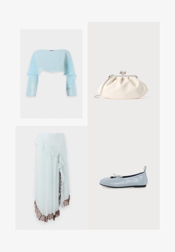 Lichtblauw, doorschijnend cropped top met lange mouwen, brede halslijn en vloeiend stofontwerp op een witte achtergrond.; Lichtblauwe wikkelrok met verticale witte strepen, voorzien van een gegolfde rand en ingewikkelde bruine kantafwerking aan de zoom.; Lichtblauwe leren ballerina met een klein strikje bovenop, afgeronde neus, zwarte zool en trekkoordje aan de hiel.; Crèmekleurige stoffen clutch met een geplooid ontwerp, een zilverkleurig metalen frame, twee decoratieve balletjes en een zilveren kettingriem.