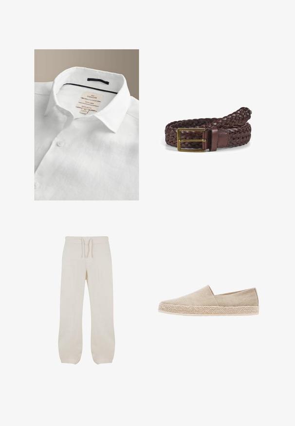 Wit linnen overhemd met een spreadkraag, knoopsluiting en labels aan de binnenkant van de kraag die merk, stof, pasvorm en maat medium tonen.; Licht beige linnen broek met een elastische tailleband en trekkoord. Recht model met een gladde textuur en een lichte toelopende pasvorm bij de enkels.; Beige canvas instapper met een geweven jute tussenzool, voorzien van een ronde neus en elastische zijpanelen voor comfort.; Vervlochten bruine leren riem met een rechthoekige messing gesp, voorzien van een geweven textuur en een glad leren houder.