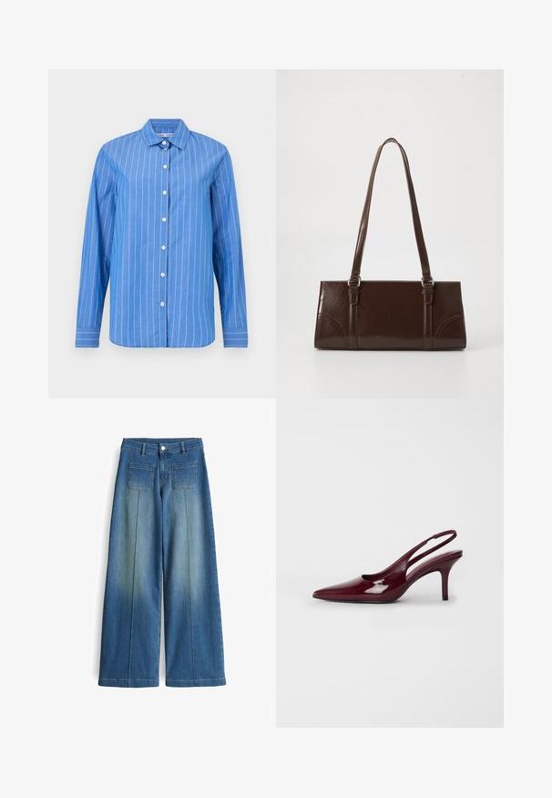 Blaues Langarmhemd mit weißen vertikalen Streifen, Knopfleiste vorne, klassischem Kragen und weicher Stoffstruktur.; Weite, hellblaue Jeans mit einem verwaschenen Look, zwei Gesäßtaschen und einem glatten Finish. Verfügt über einen klassischen Knopf- und Reißverschluss.; Burgunderfarbene Lackleder Slingback-Absätze mit spitzem Zehenbereich und schlankem Absatz, ausgestattet mit Ausschnitten an den Seiten und einem geschwungenen Rückendesign.; Braune Lackleder-Handtasche in rechteckiger Form, mit zwei langen Griffen und subtilen, geschwungenen Akzenten auf der Vorderseite.