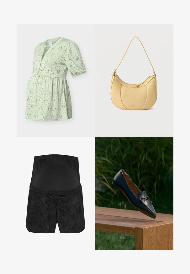 Lysegrøn graviditetsbluse med korte pufsleeves, øjesten blomstermønster, knappet front og detaljer med indsnøring ved taljen.; Sorte graviditetsshorts med et tekstureret design, snørelukning i taljen og en glat, elastisk talje. Blødt stof for komfort.; Sort læderloafer med detaljeret sløjfe, der svæver over en træbænk med grøn græs og planter i baggrunden.; Gul skuldertaske i kunstlæder med et buet, quiltet design og lynlåslukning, der har en glat struktur og en tonet skulderrem.