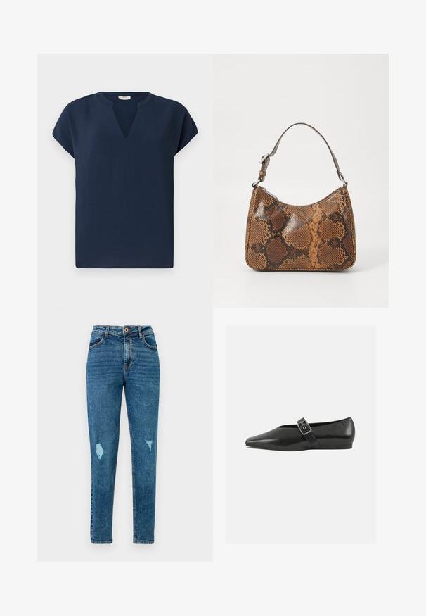Marineblå kortærmet top med V-formet udskæring, lavet af et let materiale. Har en afslappet pasform og subtil fald.; Blå højtaljede skinny jeans med slidte detaljer på lår og lommer, med knap- og lynlås-lukning.; Sorte læder flade sko med spidse tæer, prydet med en metallisk spænde over vristen og en lav, fleksibel sål.; Lille håndtaske med brun og sort slangeskinn mønster, kort justerbar rem og lynlåslukning.