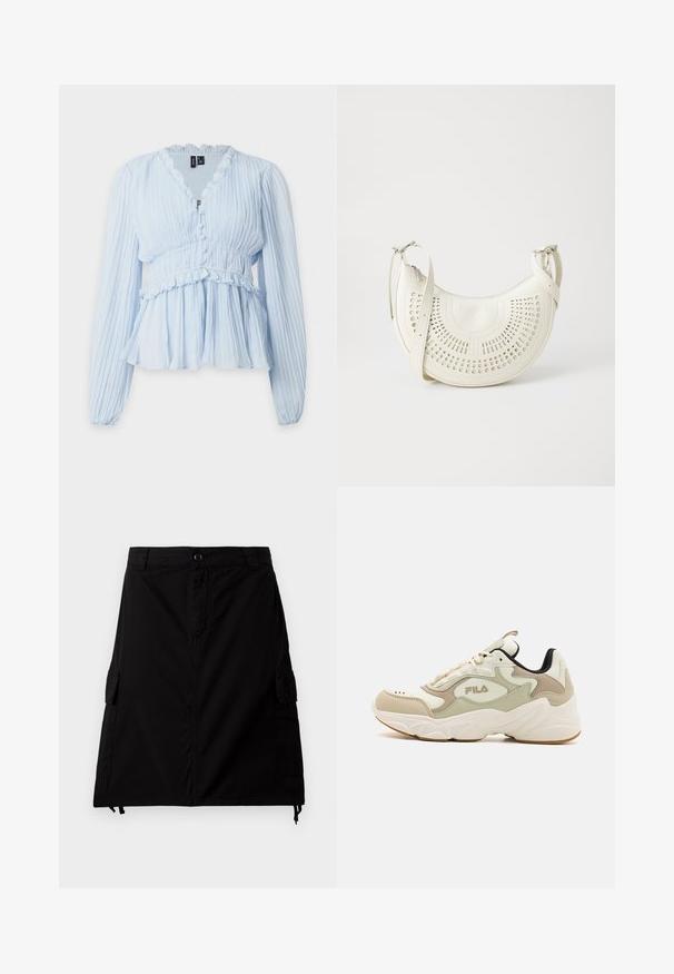 Lichtblauwe blouse met lange mouwen van geplooide stof, knoopsluiting aan de voorkant, gerafelde V-hals, elastische taille en peplumzoom.; Zwarte cargorok van een katoenmengsel met een rechte snit, voorzien van zijzakken, een voorste knoopsluiting en een verstelbare drawstring onderrand.; Lichtgekleurde Fila sneakers met een chunky zool, voorzien van beige en crèmekleurige panelen, textuurelementen en een zwarte hielafwerking.; Witte vegan leren schoudertas met een geperforeerd cirkelontwerp, verstelbare schouderriem en gegraveerd logo op de voorkant. Ritssluiting aan de bovenkant.