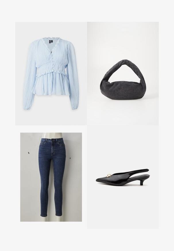Lyseblå bluse med lange ærmer i plisseret stof, knappet forside, flæsekantet V-hals, elastisk talje og peplumkant.; Smal jeans i mørkeblå denim, med høj talje og tætsiddende pasform, med forlommer, lynlås og diskrete slidmærker på lårene.; Sort laklæderslingback med lille hæl, spids tå og en lille rund guldbesætning på toppen.; Mørkegrå stofpose med et buet håndtag, blød tekstur og rund form. Ingen synligt hardware eller pynt.