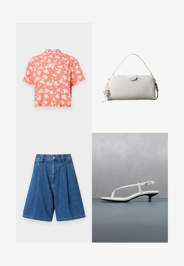 Kurzärmliges Hemd in Korallenrot mit weißem Blumenmuster und kleinen Punkten; verfügt über einen Kragen und einen lockeren Sitz.; Blaue Denim-Bermudashorts mit einem gefalteten Bund, ausgestattet mit einem normalen Taillenbund und einem Knopfverschluss. Glatte Textur und gerade geschnittene Beine.; Weiße Riemchenpantolette mit kitten heel und spitz zulaufender Zehenpartie, schwebt über einem Holzkachelboden im Freien mit verschwommenem Pflanzen- und Wandhintergrund.; Weiße rechteckige Calvin Klein Handtasche mit einem einzelnen Henkel, minimalistischem Design und dekorativen Quasten mit geometrischem Metallanhänger an der Seite.