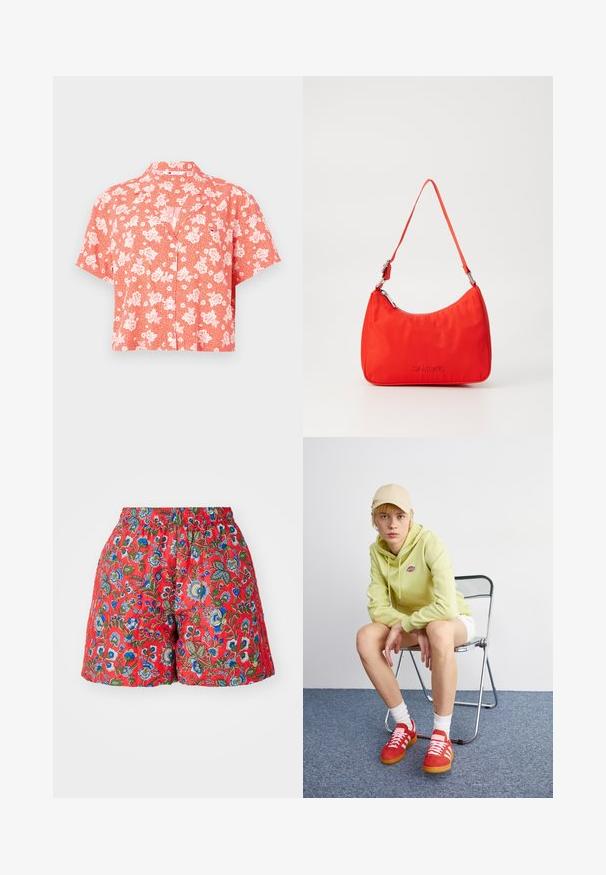Kurzärmliges Hemd in Korallenrot mit weißem Blumenmuster und kleinen Punkten; verfügt über einen Kragen und einen lockeren Sitz.; Rote Blumen-Shorts mit elastischem Bund. Verfügt über blau- und grün gepunktete Blumenmuster, glatte Textur und eine lockere Passform.; Helle grüne Kapuzenjacke mit Logo, weiße Shorts, rote Sneakers mit weißen Streifen, sitzend auf einem verchromten Klappstuhl vor einem neutralen Hintergrund.; Rote Nylon-Handtasche mit einer geschwungenen Silhouette, einem einzelnen Tragegurt, silbernem Beschläge und geprägtem Logodetail auf der Vorderseite. Glatte Textur.