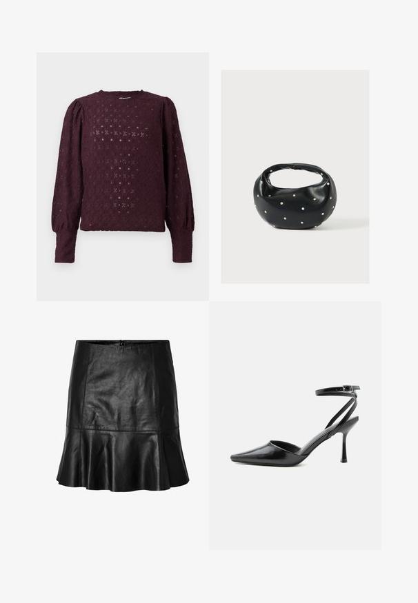Donkerpaarse kant blouse met lange mouwen, opgeblazen schouders en aansluitende manchetten, met een diamant- en bloempatroon.; Zwart leren mini-jurk met uitlopende zoom en zichtbare stiksels, met een ritssluiting aan de achterkant.; Zwarte pumps met puntige neus, dunne enkelbandjes en een zilveren gesp op een effen lichte achtergrond.; Zwarte leren handtas met een afgeronde vorm, versierd met zilveren studs, en een korte handgreep. Gladde textuur en ritsluiting.