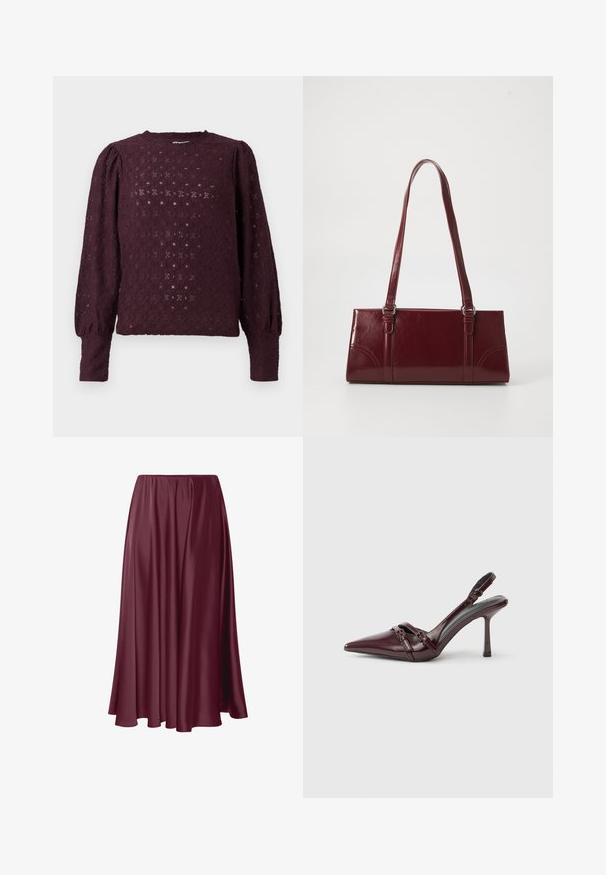 Donkerpaarse kant blouse met lange mouwen, opgeblazen schouders en aansluitende manchetten, met een diamant- en bloempatroon.; Bordeaux lange rok van soepele, glanzende stof met een vloeiende uitstraling en een elastische tailleband. Geen patronen of accenten aanwezig.; Bordeauxrode lakleren slingback met puntige neus, dunne enkelband en kleine decoratieve gespsluiting. Gladde textuur en hoge hak.; Bourgondische handtas van glanzend materiaal, rechthoekige vorm, met twee schouderbanden en subtiele gebogen accenten aan de voorkant.
