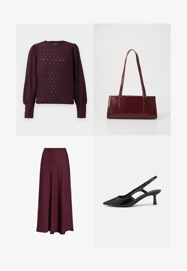 Donkerpaarse kant blouse met lange mouwen, opgeblazen schouders en aansluitende manchetten, met een diamant- en bloempatroon.; Bordeaux satijnen maxi rok met een zachte textuur, hoge taille en een vloeiende silhouet die zachtjes uitloopt naar de zoom.; Zwarte slingback hakken met een spitse neus, gemaakt van glanzend materiaal, met uitsnijdingen en een gematigde hak voor ondersteuning.; Bourgondische handtas van glanzend materiaal, rechthoekige vorm, met twee schouderbanden en subtiele gebogen accenten aan de voorkant.
