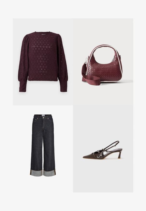 Blusa de encaje de manga larga en púrpura oscuro con hombros abullonados y puños ajustados, que presenta un patrón de diamantes y flores.; Vaqueros azul oscuro de pierna ancha con dobladillos remangados, cinco bolsillos y costuras en contraste de color amarillo.; Tacón slingback de charol marrón con punta afilada, correas ajustables y hebillas decorativas en la parte frontal. Altura del tacón de 3 pulgadas.; Bolso de mano de cuero tejido color granate con asa curva, ribete blanco, cremallera plateada y correa desmontable de tela ancha para el hombro sobre fondo liso.