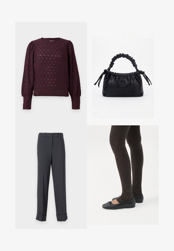 Blusa de encaje de manga larga en púrpura oscuro con hombros abullonados y puños ajustados, que presenta un patrón de diamantes y flores.; Pantalones grises ajustados hechos de un tejido texturizado, con pierna recta, trabillas para cinturón y dobladillos enrollados para una apariencia estructurada.; Piernas con leggings oscuros acanalados combinados con bailarinas negras que presentan pequeños detalles de lazo sobre un fondo blanco.; Bolso negro con textura de cocodrilo, borde superior fruncido, asa recogida y cordones con borlas en cada lado sobre un fondo blanco.
