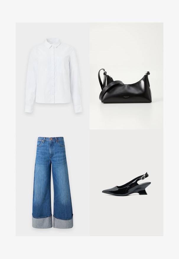 Chemise boutonnée à manches longues de couleur bleu clair avec un col, des rayures verticales et une poche poitrine. Fabriquée en tissu doux.; Jeans en denim à jambes larges de couleur bleu moyen. Présentent une taille haute, des ourlets retroussés en denim plus clair, et un design classique à cinq poches avec des accents en métal.; Chaussure slingback en cuir verni noir avec bout pointu et petit talon bloc incliné sur fond clair uni.; Sac à main en cuir noir avec une texture lisse. Dispose d'une bandoulière adjustable et d'un design élégant et minimaliste avec une fermeture éclair.