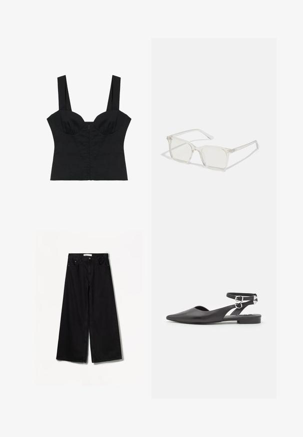Schwarzes kurzes Bustier-Top mit breiten Schulterträgern und strukturierten Cups, entworfen für eine figurbetonte Silhouette.; Schwarze weit geschnittene Jeans aus Denim. Mit hoher Taille, Vorder- und Gesäßtaschen sowie silberfarbener Hardware an der Knopf- und Reißverschlussöffnung.; Schwarze Lederflats mit spitzem Zeh, Knöchelriemen und Schnallen-Detail. Verfügt über einen kleinen, niedrigen Absatz und ein offenes Seitendesign.; Klare, quadratische Kunststoffbrillen mit durchsichtigen Gläsern, die goldene Akzente an den Bügeln für zusätzliche Details aufweisen.