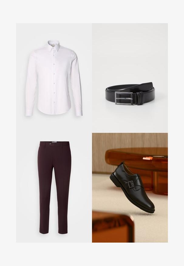 Witte langemouwen shirt van gladde stof met een button-down kraag, voorzien van een volledige knoopsluiting en een afgeronde zoom.; Donker bordeauxrode broek met een slim fit, voorzien van een knoopsluiting, riemlussen en voorplooien. Glad fabric met een strak ontwerp.; Zwarte leren monkstrap schoen met gespen van zilver, zwevend boven beige tapijt met bruin doorschijnend meubilair op de achtergrond.; Zwarte leren riem met een gladde textuur, voorzien van een zilveren rechthoekige gesp en dubbele spijpdetail. Tijdloos en veelzijdig ontwerp.