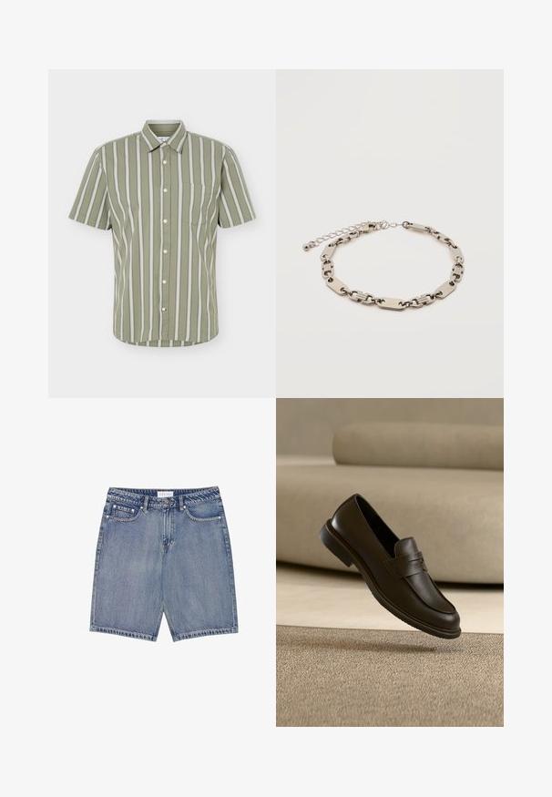 Kurzarm Hemd zum Knöpfen mit olivgrünen und weißen vertikalen Streifen und einer einzelnen Brusttasche auf weißem Hintergrund.; Jeansshorts mit einem hellblauen Washed-Effekt, ausgestattet mit fünf Taschen, Gürtelschlaufen und kontrastierenden Nähten. Gerader Schnitt mit einem rohen Saum.; Ein einzelner dunkelbrauner Lederloafer schwebt über einem beigen, strukturierten Teppich, mit einem unscharfen beigen Sofa im Hintergrund.; Armband aus silberfarbenem Metall mit abwechselnd rechteckigen und ovalen Gliedern, verstellbarem Verschluss und kleinem runden Anhänger auf weißem Hintergrund.