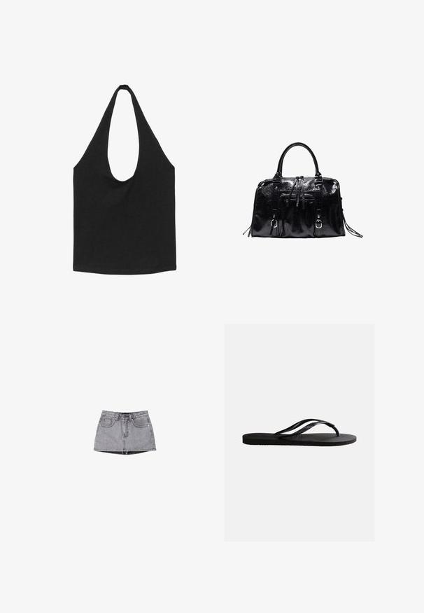 Sac cabas en tissu noir avec des bretelles larges et arrondies et un compartiment principal ouvert, présenté sur fond blanc.; Jupe mini en denim de couleur gris délavé. Comprend une fermeture à boutons, des passants pour ceinture et deux poches avant. Texture lisse avec un effet de lavage subtil.; Sandale tong en caoutchouc noir avec semelle texturée et fines brides en Y sur un fond blanc uni.; Sac à main en cuir noir brillant avec deux poignées, poche avant zippée, sangles décoratives et ferrures métalliques argentées.