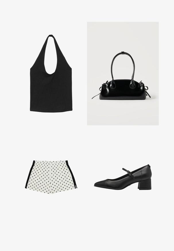 Sort stof-tote taske med brede, afrundede skulderstropper og et åbent hovedrum, vist mod en hvid baggrund.; Hvide shorts med sorte polkaprikker og sorte sidestriber, elastisk linning, flad front og løs pasform.; Sorte læder lavhælede pumps med spidse tæer, ankelrem og struktureret finish. Simpelt design med en robust blokhæl.; Lille sort blank håndtaske med to lange håndtag og snøre-detaljer i siden på en ensfarvet lys baggrund.