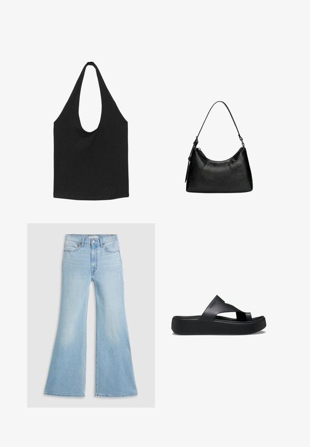 Schwarze Stofftasche mit breiten, abgerundeten Schulterriemen und offenem Hauptfach, vor weißem Hintergrund dargestellt.; Helle blaue Schlagjeans mit hoher Taille, aus Denim gefertigt. Sie verfügen über ein klassisches Fünf-Taschen-Design und einen rohen Saum an den Säumen.; Schwarze Plattform-Flip-Flops mit einer strukturierten Gummisohle, die ein Kreuzriemen-Design und eine matte Oberfläche aufweisen. Das Markenlogo ist dezent an der Seite angebracht.; Schwarze Handtasche aus synthetischem Leder mit geschwungener Form, kurzen Tragegriff, Reißverschlussverschluss und einem dezenten strukturierten Muster auf der Oberfläche.
