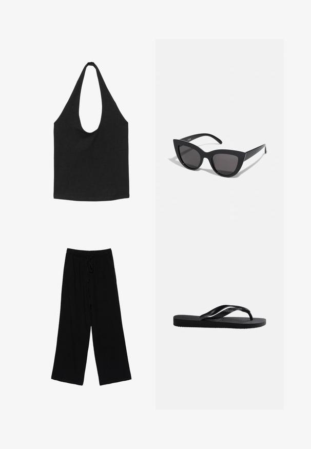 Sac cabas en tissu noir avec des bretelles larges et arrondies et un compartiment principal ouvert, présenté sur fond blanc.; Pantalon noir à jambes larges avec taille élastique et lien à nouer à l'avant.; Tongs en caoutchouc noir avec semelle texturée et bride en Y lisse sur un fond clair uni.; Lunettes de soleil noires en forme d'œil de chat avec une finition mate, dotées de verres teintés gris, d'angles aigus et de branches élégantes. Nom de la marque visible sur la branche intérieure.