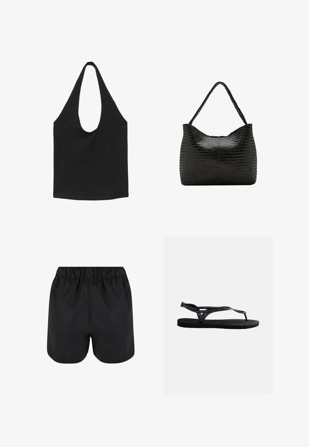 Sac cabas en tissu noir avec des bretelles larges et arrondies et un compartiment principal ouvert, présenté sur fond blanc.; Shorts noirs avec une taille élastique. Tissu doux, design simple et ourlet légèrement arrondi en bas. Pas de motifs ou de logos visibles.; Tongs noir en caoutchouc avec semelle texturée et fines brides formant un entre-doigt et une boucle de maintien pour la cheville sur fond blanc.; Sac bandoulière en cuir noir tressé avec une lanière unique tressée et une forme douce et rectangulaire arrondie.