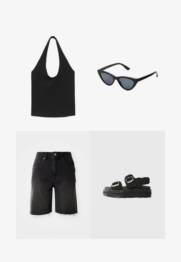 Sort stof-tote taske med brede, afrundede skulderstropper og et åbent hovedrum, vist mod en hvid baggrund.; Sorte denimshorts med en falmet vask, frynset kant, klassisk fem-lommer design og enkelt knaplukning. Tykke syninger som accentuerer hele shortsene.; Sort sandal med to justerbare stropper og metalliske spænder. Tykk sort platform sål med detaljer i gul syning. Suede materiale.; Sorte katteøje solbriller med mørkegrå linser, slankt plastisk stel, spidse hjørner og lige stænger. Ingen synlig hardware eller dekorationer.