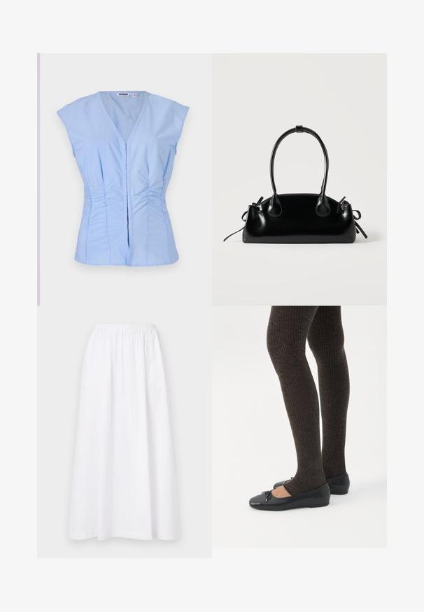 Top sans manches bleu clair avec un décolleté en V, des détails froncés sur les côtés et une fermeture à boutons à l'avant, fabriqué dans un tissu lisse avec un éclat subtil.; Jupe blanche, longueur genou, avec une taille élastique, présentant un design simple et un tissu léger, exhibant une texture lisse et unie.; Jambes portant des leggings côtelés foncés associés à des ballerines noires avec de petits détails en nœud sur fond blanc.; Petit sac à main noir brillant avec deux longues anses et des détails à cordon sur les côtés sur un fond clair uni.