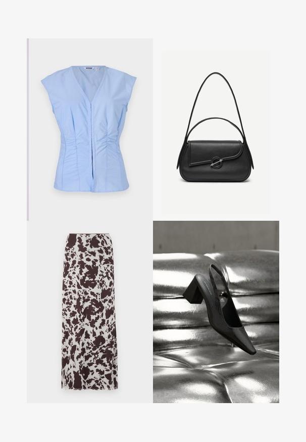 Top sin mangas de color azul claro con escote en V, detalles fruncidos en los laterales y cierre delantero con botones, confeccionado en una tela suave con un brillo sutil.; Falda larga con un estampado de manchas de vaca en marrón y blanco. Hecha de tejido ligero con una silueta recta y dobladillo.; Tacón destalonado negro con punta en forma de pico, con superficie texturizada y tacón ancho y grueso. Colocado sobre un fondo metálico brillante.; Bolso de cuero negro con bordes redondeados, solapa asimétrica, cierre circular de metal y correas de hombro cortas y largas.