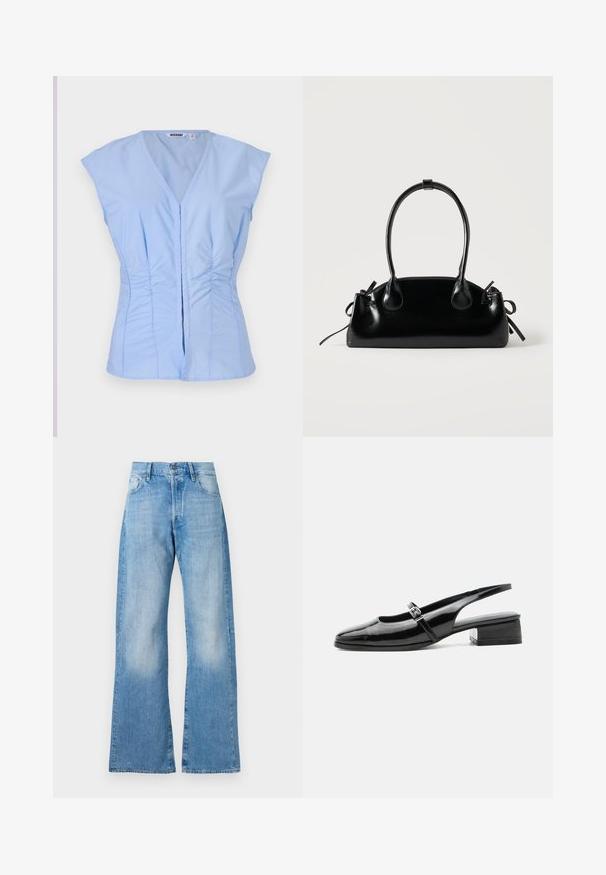 Top sin mangas de color azul claro con escote en V, detalles fruncidos en los laterales y cierre delantero con botones, confeccionado en una tela suave con un brillo sutil.; Vaqueros de mezclilla de color azul claro, acampanados y de cintura alta, con cinco bolsillos y un cierre clásico de botón. Presentan un desvanecimiento sutil y un ajuste relajado.; Zapato slingback de charol negro con tacón bajo y grueso y una fina correa con hebilla de plata en la parte superior.; Pequeño bolso negro brillante con dos asas largas y detalles de cordón lateral sobre un fondo claro liso.